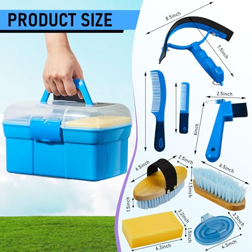 Cunhill 9 Pieces Horse Grooming Kit with Organizer Curry Comb Hard Soft Brushes Hoof Pick Sweat Scraper Sponge Grooming Supplies for Horses Riders Beginners - Image 3