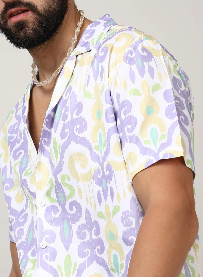 Campus Sutra Men's Lilac & Pale Yellow Ethnic Shirt