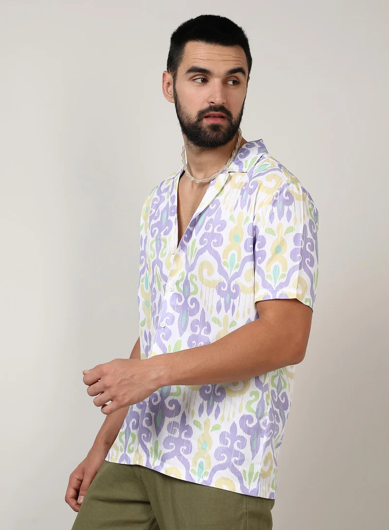 Campus Sutra Men's Lilac & Pale Yellow Ethnic Shirt