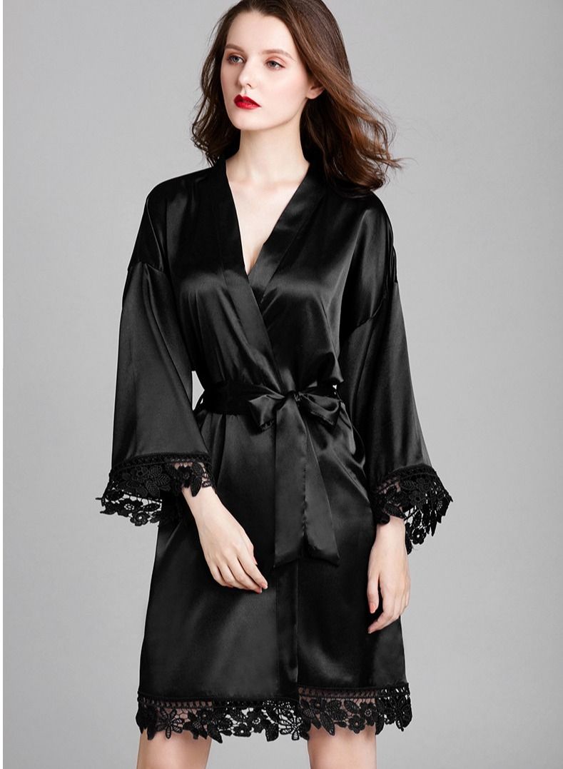 NIBEMINENT Ladies Night Gown Long-sleeved Plus Size Silk Home Bathrobe Pajamas  - Image 2