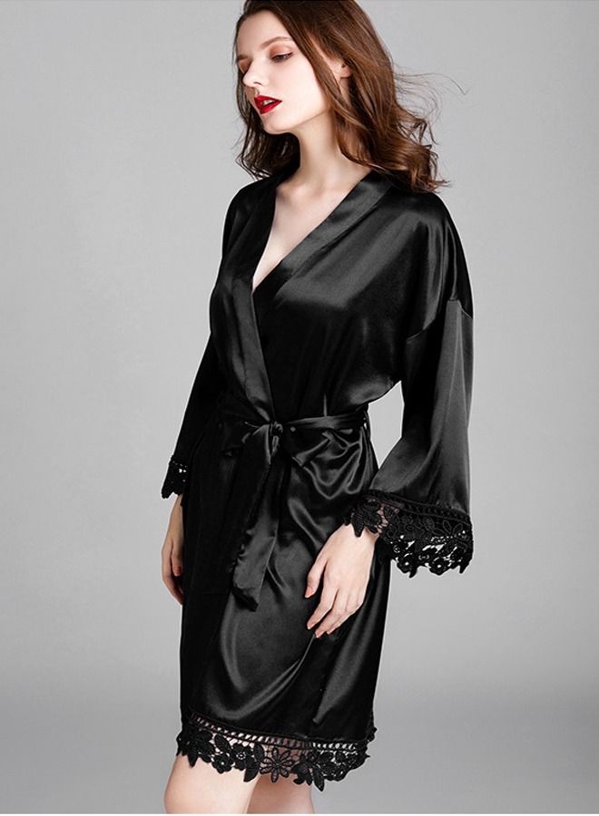 NIBEMINENT Ladies Night Gown Long-sleeved Plus Size Silk Home Bathrobe Pajamas  - Image 1