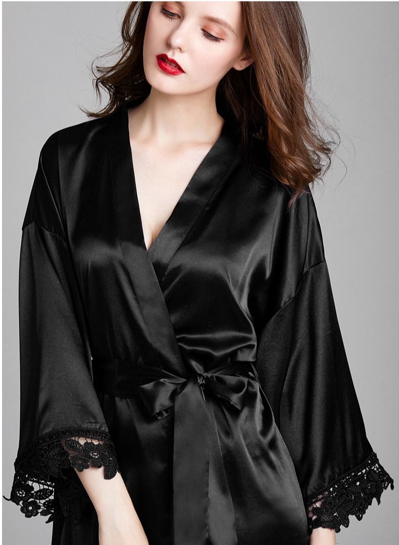 NIBEMINENT Ladies Night Gown Long-sleeved Plus Size Silk Home Bathrobe Pajamas  - Image 3