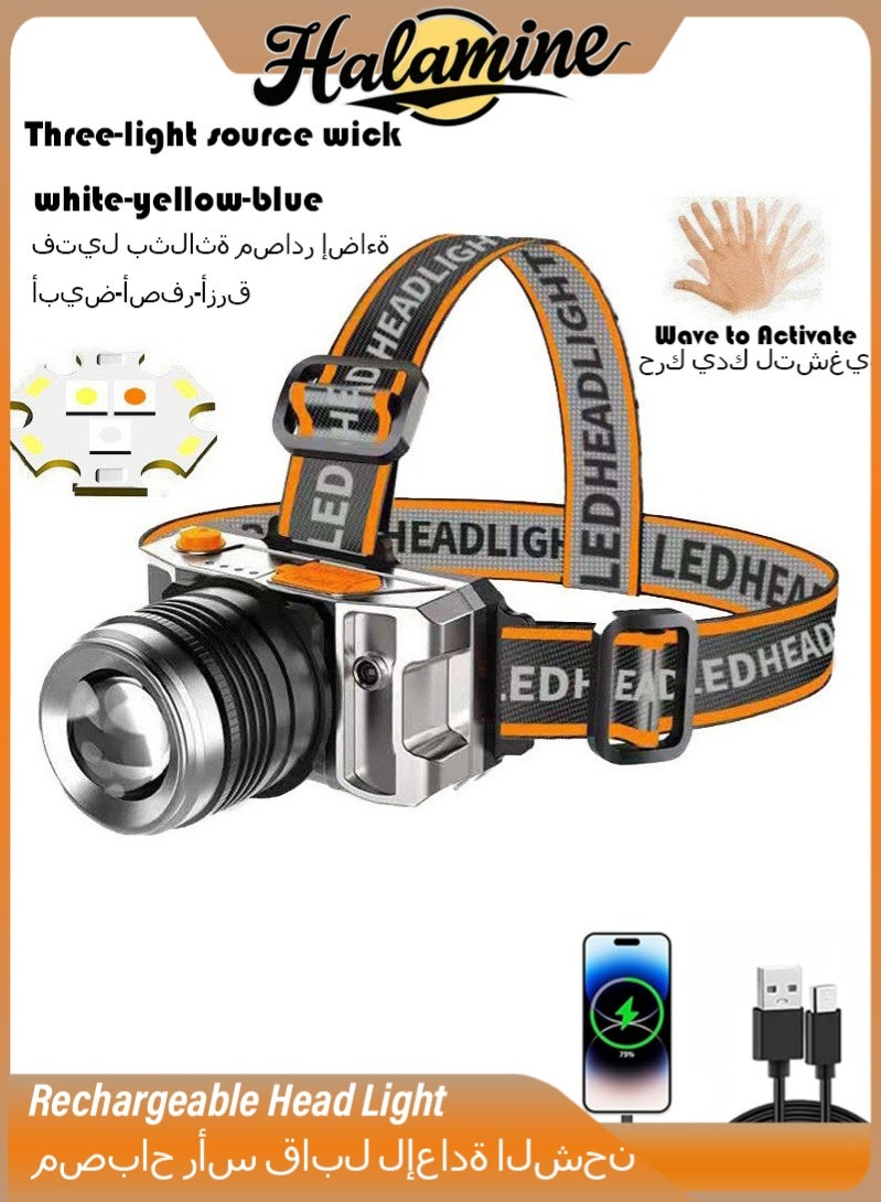 هالامين كشافات قابلة للشحن ،كشاف راس,  مصباح أمامي بزاوية 360 درجة قابل للتعديل مع 5 أوضاع Ipx6 ، مقاوم للماء ، مستشعر الحركة,كشاف راس شحن قوي - Image 1