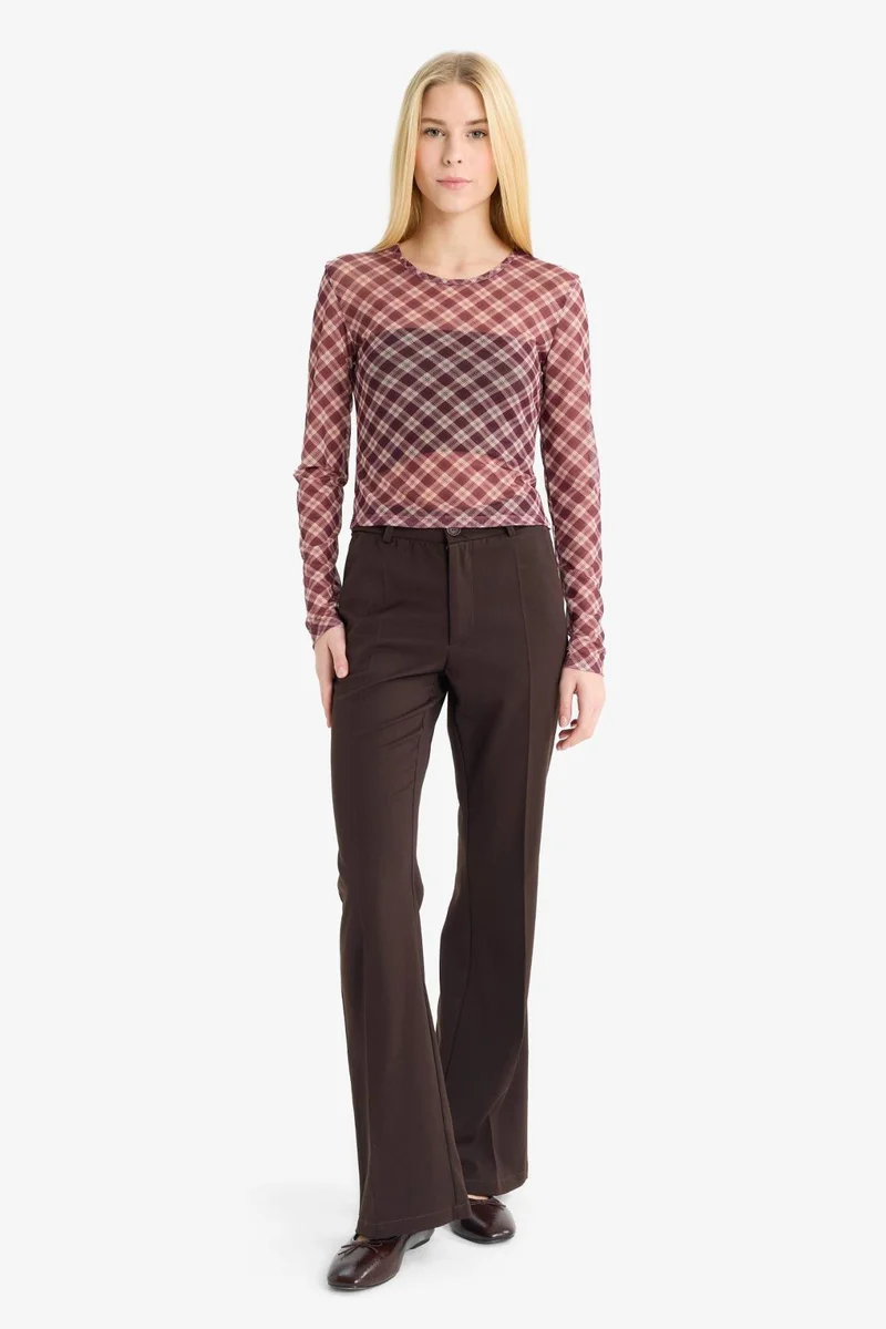 ديفاكتو Fitted Checked Tulle Long Sleeve T-Shirt