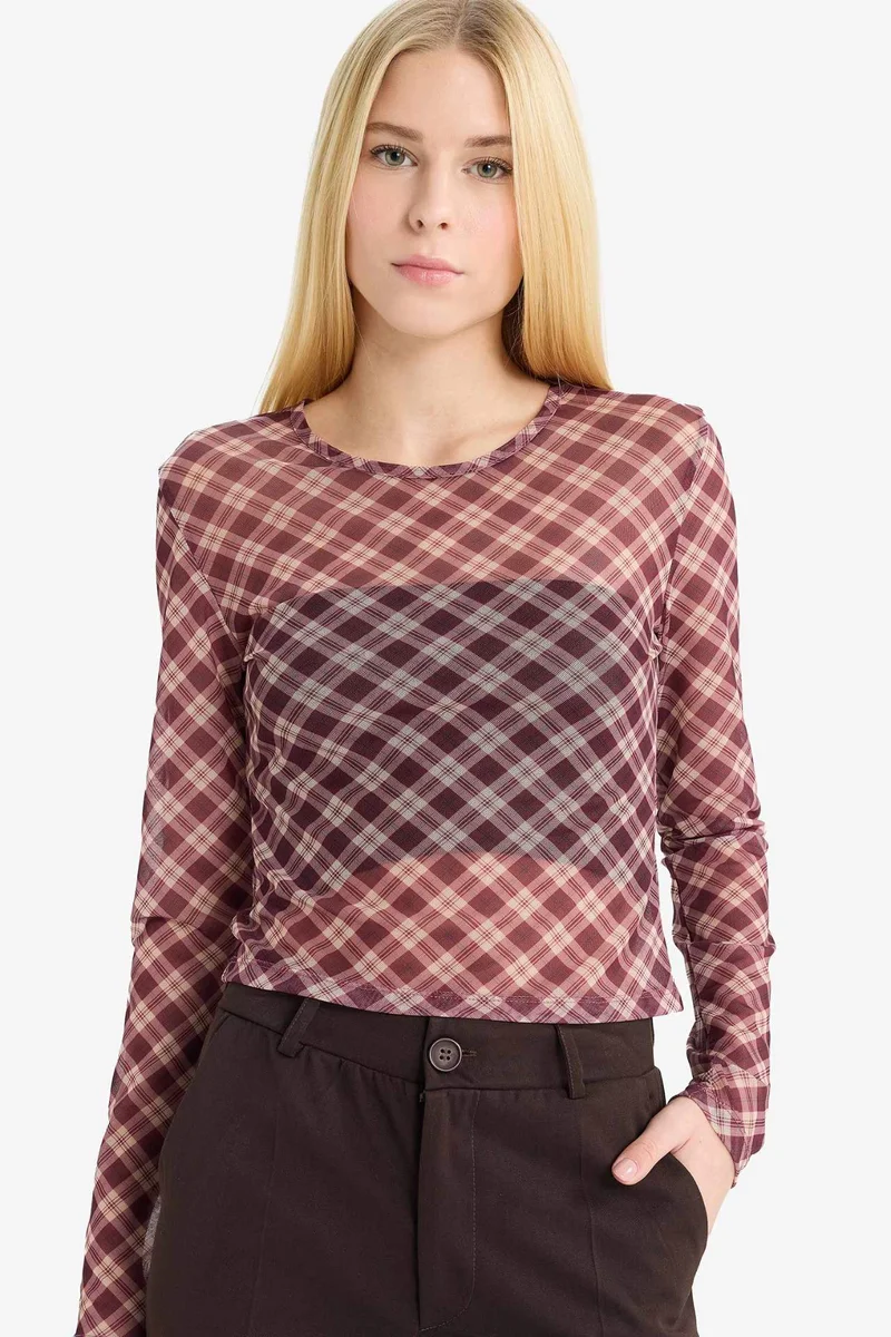 ديفاكتو Fitted Checked Tulle Long Sleeve T-Shirt
