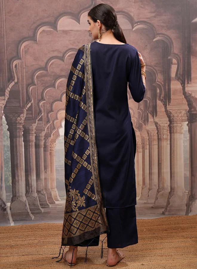 Vishudh Pack of 3 - Mirror Work Zari Straight Kurta, Palazzo & Dupatta by Styli
