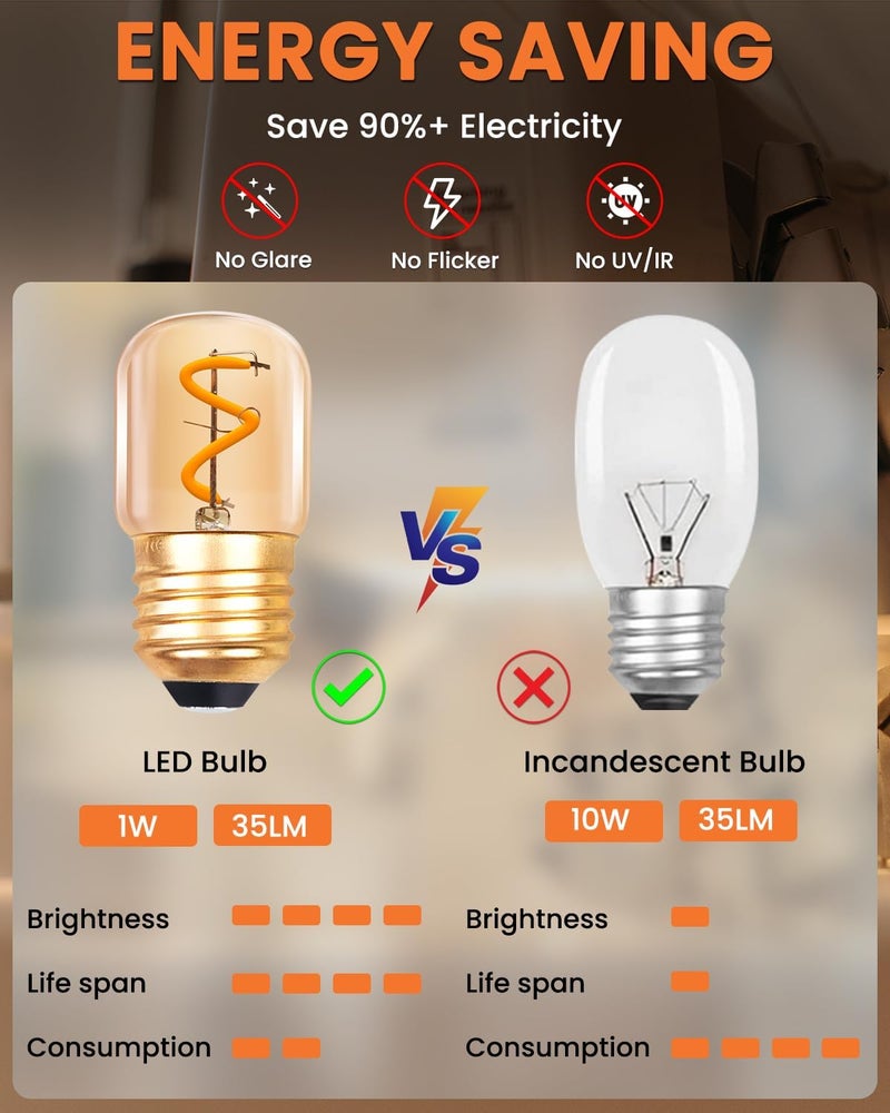 1 واط لمبات ليلية LED بقاعدة E27، لمبات حلزونية صغيرة على الطراز القديم، أنابيب إديسون الأنبوبية T28 بلو�� أبيض دافئ 2200 كلفن، ز��اج كهرماني، مكافئة لـ 10 واط/15 واط، 35 لومن، غير قابلة للتعتيم، عبوة من قطعتين - Image 5