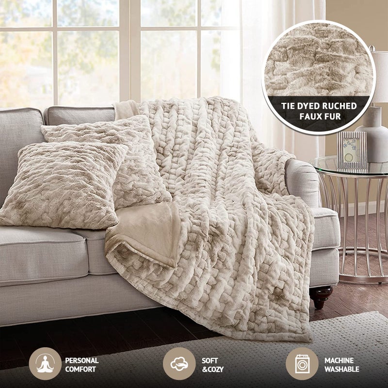 Comfort Spaces Ruched Faux Fur Plush Throw Blanket and Pillow Set with 2 Matching Square Pillow Covers Sofa Throw Blanket for Living Room, Chair, Couch, Home Office Fuzzy Soft Tan Tie Dye 50"x 60" - Image 2