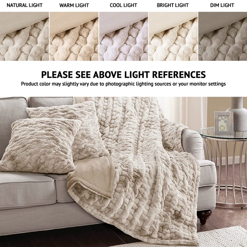 Comfort Spaces Ruched Faux Fur Plush Throw Blanket and Pillow Set with 2 Matching Square Pillow Covers Sofa Throw Blanket for Living Room, Chair, Couch, Home Office Fuzzy Soft Tan Tie Dye 50"x 60" - Image 1