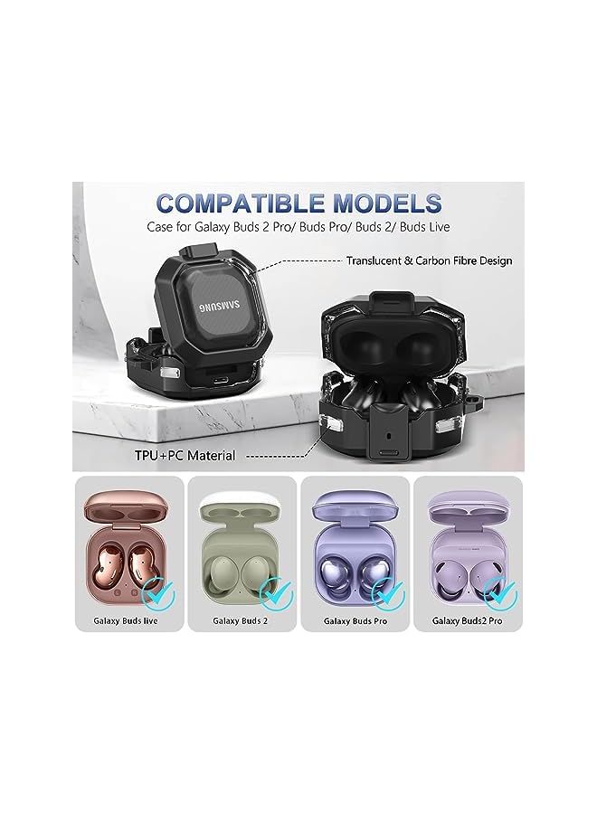 LINJIE For Galaxy Buds2 Pro Case 2022 Galaxy Buds Pro 2021 Galaxy Buds 2 2021 Galaxy Buds Live 2020 Case Carbon Fiber Texture Heavy Duty Tpu Protective Case Cover Black Transparent - Image 2