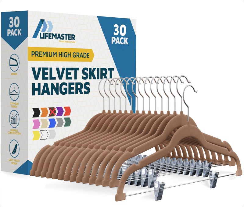 Lifemaster Velvet Skirt Hangers â€“ with Adjustable Clips, 360 Degree Swivel Hook, and Non-Slip Shoulder Notch, Holds Up to 10 lbs, for Organizing Skirt, Pants, Dress, and Clothes, Pack of 30, Brown - Image 1