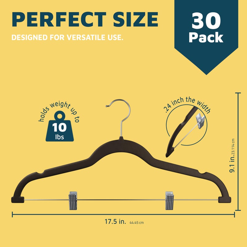 Lifemaster Velvet Skirt Hangers â€“ with Adjustable Clips, 360 Degree Swivel Hook, and Non-Slip Shoulder Notch, Holds Up to 10 lbs, for Organizing Skirt, Pants, Dress, and Clothes, Pack of 30, Brown - Image 2