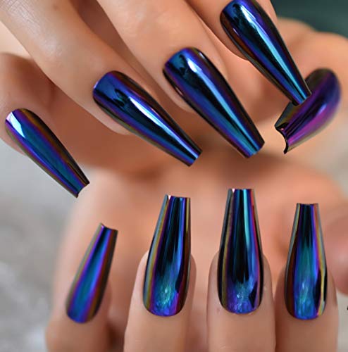 EchiQ Chrome Diamond Blue Press On Fingernails Coffin Metallic Mirror Holo Fake Nails Extra Long Ladies Designed Tips for Finger - Image 4