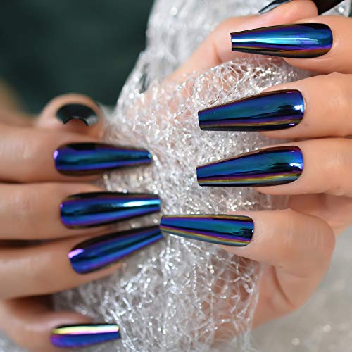 EchiQ Chrome Diamond Blue Press On Fingernails Coffin Metallic Mirror Holo Fake Nails Extra Long Ladies Designed Tips for Finger - Image 5