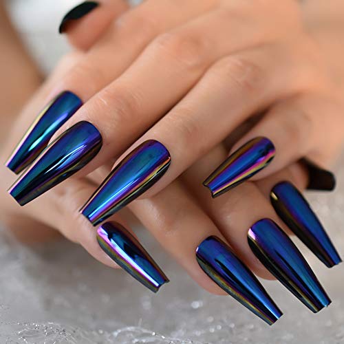 EchiQ Chrome Diamond Blue Press On Fingernails Coffin Metallic Mirror Holo Fake Nails Extra Long Ladies Designed Tips for Finger - Image 2