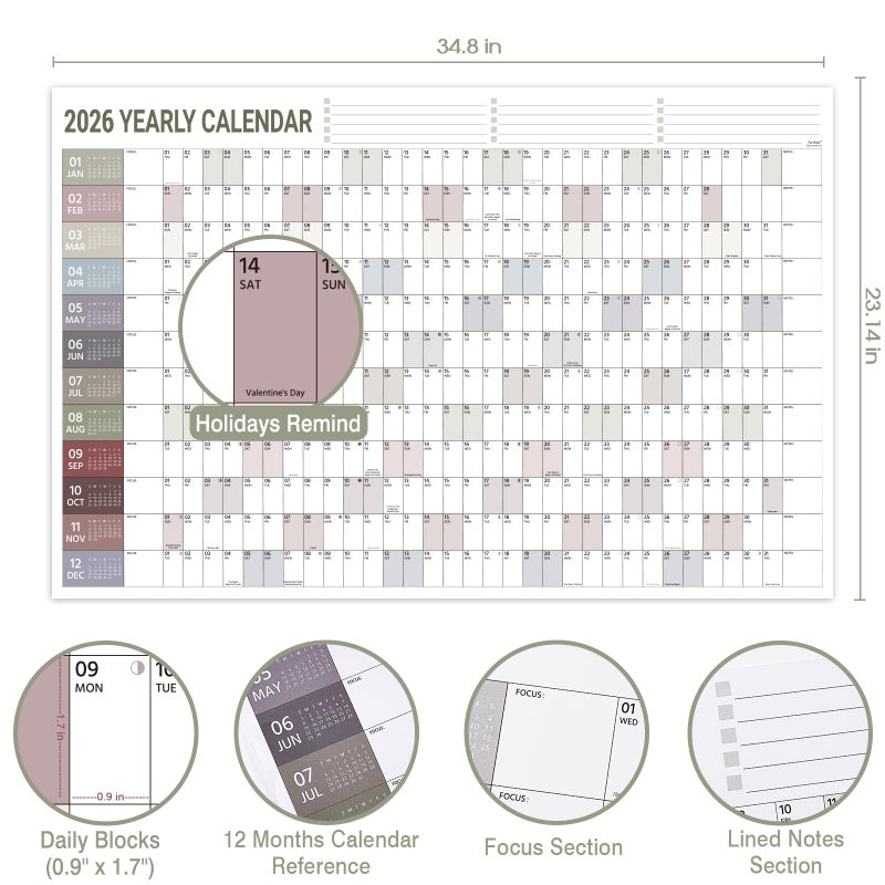 Artfan 2026 Yearly Wall Calendar - 2026 Wall Calendar, Jan. 2026 - Dec. 2026, Yearly Wall Calendars 2026 with Julian Dates, Thick Paper, Round Sticks, Large Wall Calendars, 34.8" x 23.1"(Open) - Image 4