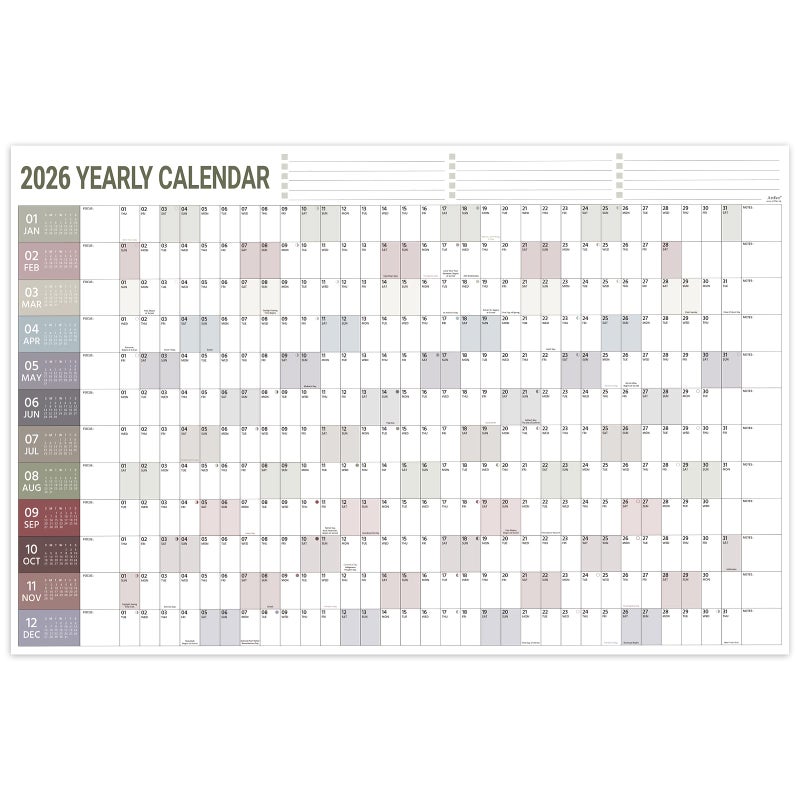 Artfan 2026 Yearly Wall Calendar - 2026 Wall Calendar, Jan. 2026 - Dec. 2026, Yearly Wall Calendars 2026 with Julian Dates, Thick Paper, Round Sticks, Large Wall Calendars, 34.8" x 23.1"(Open) - Image 1