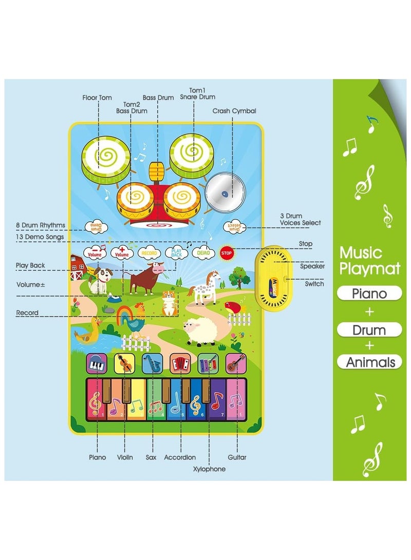 سوفام 3 في 1 مات موسيقي للأطفال، ألعاب الأطفال لوحة مفاتيح البيانو و صوت الحيوان والطبول مجموعة مع عصاتين للبنين هدية الفتيات، لعبة لمس الحيوان اللعب Blanket التعليم المبكر ألعاب التعلم للأطفال + 3 سنوات - Image 2