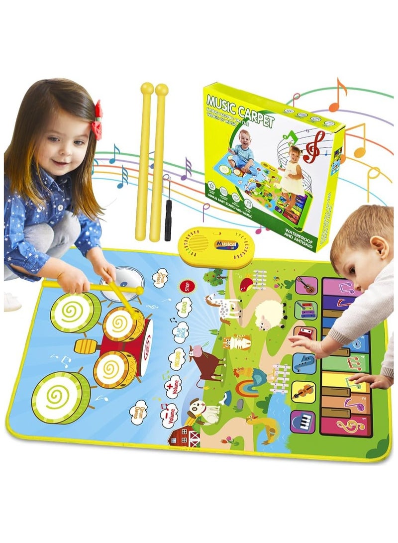 سوفام 3 في 1 مات موسيقي للأطفال، ألعاب الأطفال لوحة مفاتيح البيانو و صوت الحيوان والطبول مجموعة مع عصاتين للبنين هدية الفتيات، لعبة لمس الحيوان اللعب Blanket التعليم المبكر ألعاب التعلم للأطفال + 3 سنوات - Image 1