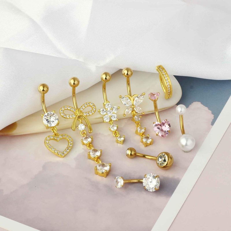 Suotarn 14G Gold Hoop Belly Button Ring For Women Surgical Stainless Steel Dangle Belly Rings Clicker CZ Belly Button Piercing Pack Butterly Heart Cute Flower Bow Dainty Navel Piercing Jewelry(gold) - Image 3