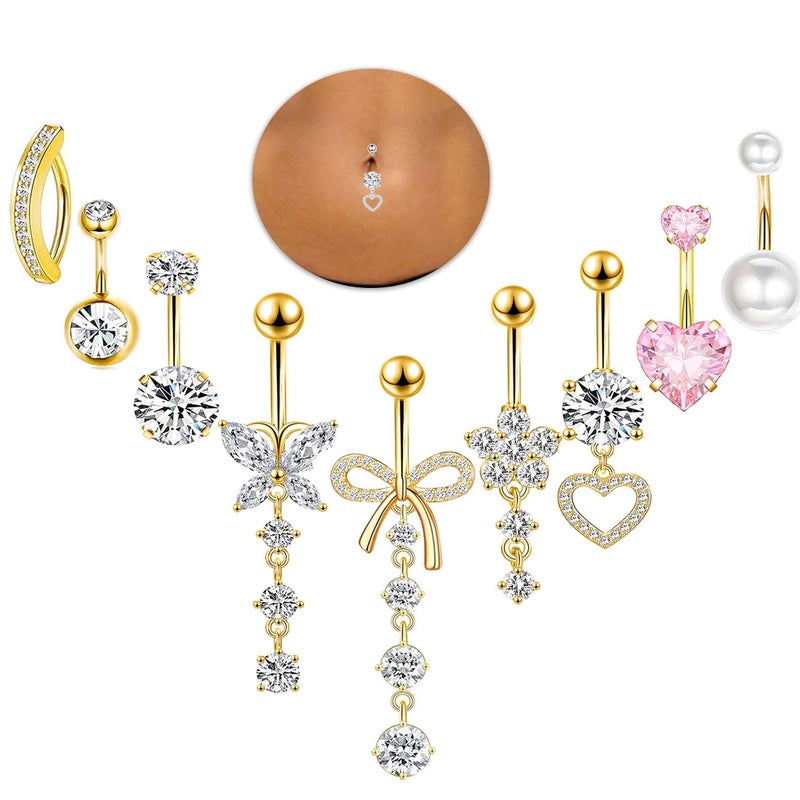Suotarn 14G Gold Hoop Belly Button Ring For Women Surgical Stainless Steel Dangle Belly Rings Clicker CZ Belly Button Piercing Pack Butterly Heart Cute Flower Bow Dainty Navel Piercing Jewelry(gold) - Image 1