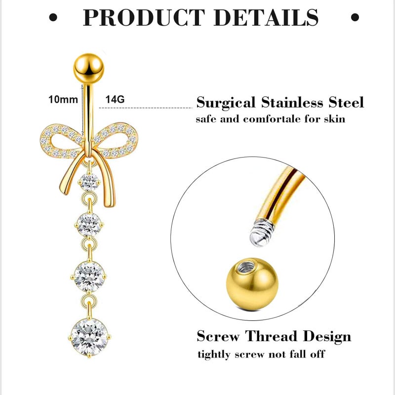 Suotarn 14G Gold Hoop Belly Button Ring For Women Surgical Stainless Steel Dangle Belly Rings Clicker CZ Belly Button Piercing Pack Butterly Heart Cute Flower Bow Dainty Navel Piercing Jewelry(gold) - Image 2