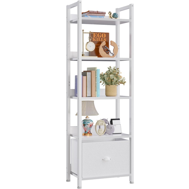 Furologee 5 Tier Bookshelf with Drawer, Tall Narrow Bookcase with Shelves, Wood and Metal Book Shelf Storage Organizer, Modern Display Standing Shelf Unit for Bedroom, Living Room, Office, White - Image 1