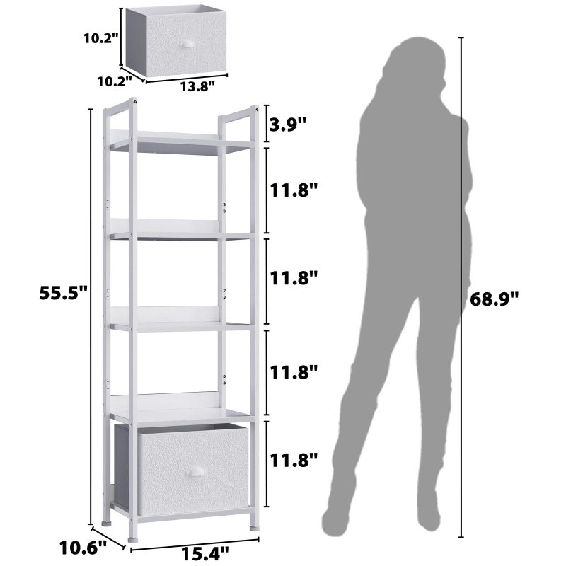 Furologee 5 Tier Bookshelf with Drawer, Tall Narrow Bookcase with Shelves, Wood and Metal Book Shelf Storage Organizer, Modern Display Standing Shelf Unit for Bedroom, Living Room, Office, White - Image 2