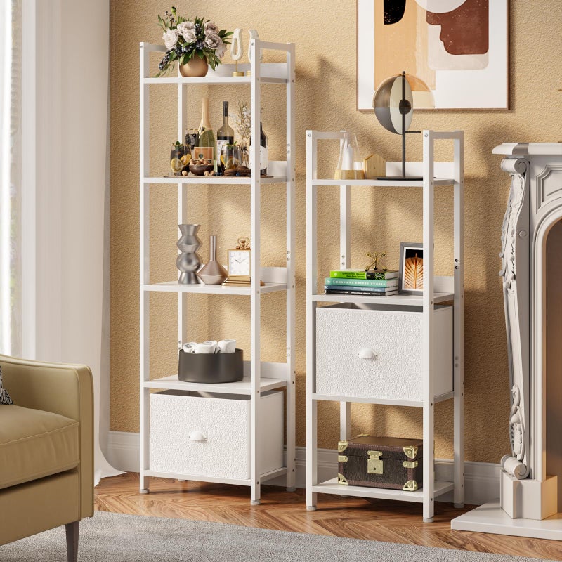 Furologee 5 Tier Bookshelf with Drawer, Tall Narrow Bookcase with Shelves, Wood and Metal Book Shelf Storage Organizer, Modern Display Standing Shelf Unit for Bedroom, Living Room, Office, White - Image 5