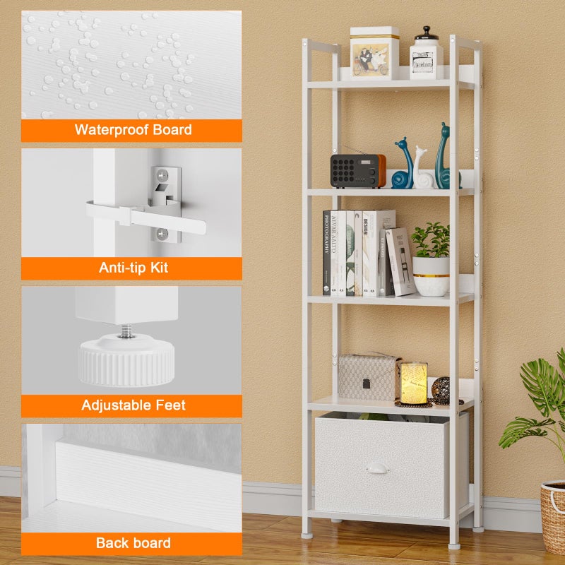 Furologee 5 Tier Bookshelf with Drawer, Tall Narrow Bookcase with Shelves, Wood and Metal Book Shelf Storage Organizer, Modern Display Standing Shelf Unit for Bedroom, Living Room, Office, White - Image 3