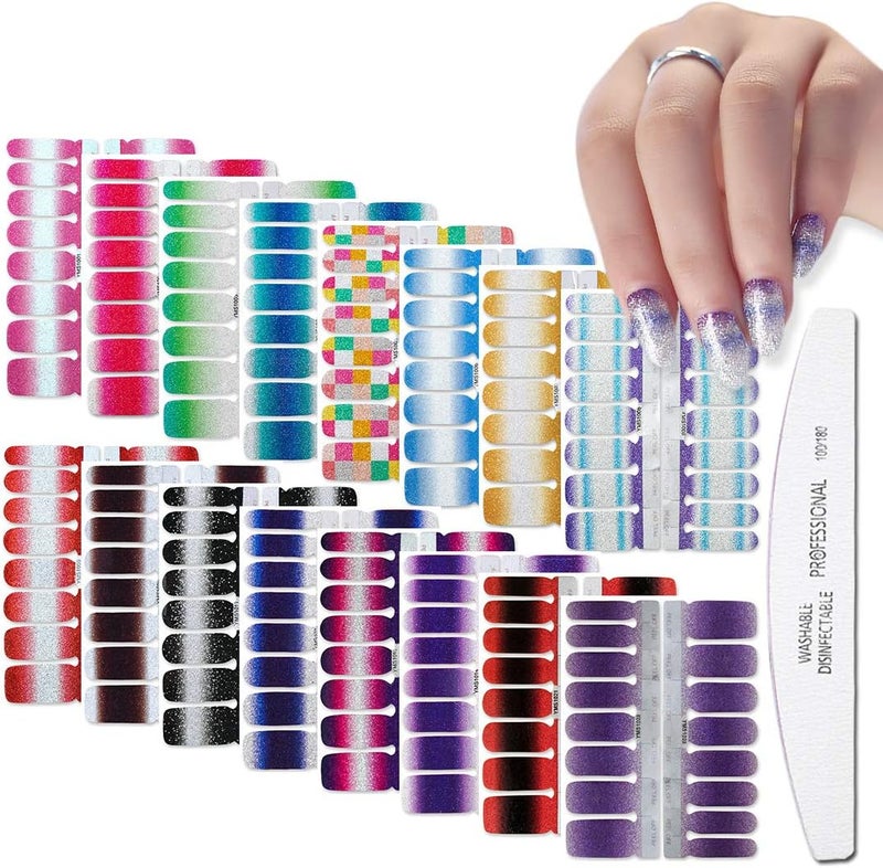 WOKOTO 16 Sheets Gradient Adhesive Nail Polish Decals Strips with 1Pc Nail File Glitter Nail Art Stickers Wraps Manicure Accessories