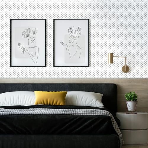 Erfoni Black and White Peel and Stick Wallpaper Modern Herringbone Contact Paper Bathroom 17.7inch x 590.5inch Geometric Removable Wall Paper Peel and Stick Backsplash Self Adhesive Contact Paper - Image 2