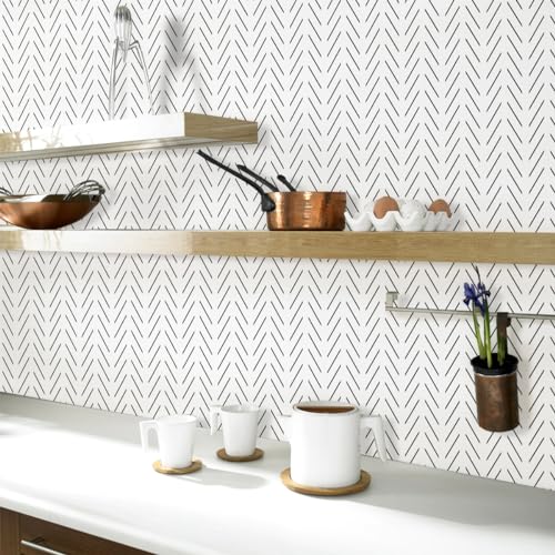 Erfoni Black and White Peel and Stick Wallpaper Modern Herringbone Contact Paper Bathroom 17.7inch x 590.5inch Geometric Removable Wall Paper Peel and Stick Backsplash Self Adhesive Contact Paper - Image 5