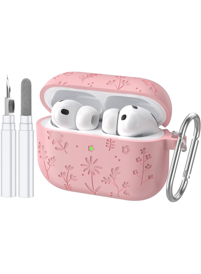 SYOSI AirPods Pro 3 Case, Cute Silicone Protective Cover with Flower Engraved Design, Shockproof Case with Cleaner Kit and Carabiner, Accessories for Women Girls AirPods Pro 3rd Generation 2025, Pink - Image 1