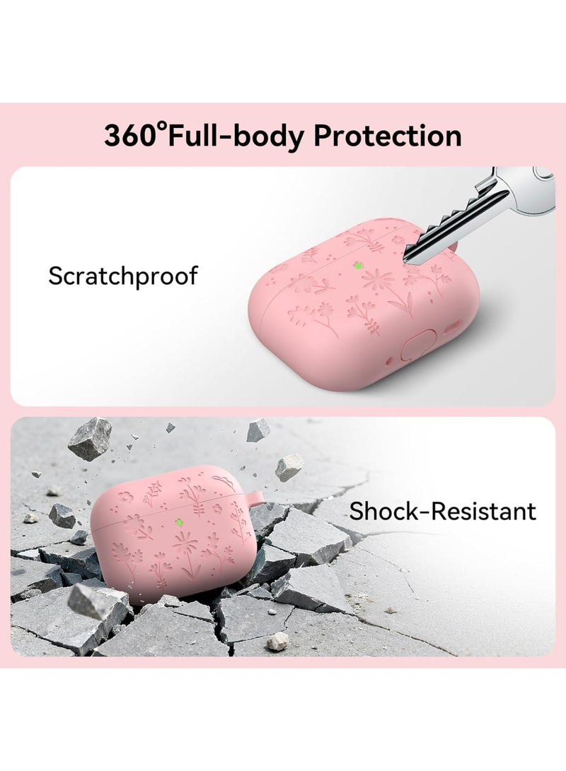 SYOSI AirPods Pro 3 Case, Cute Silicone Protective Cover with Flower Engraved Design, Shockproof Case with Cleaner Kit and Carabiner, Accessories for Women Girls AirPods Pro 3rd Generation 2025, Pink - Image 4