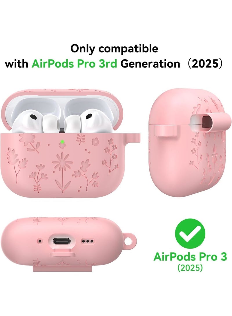 SYOSI AirPods Pro 3 Case, Cute Silicone Protective Cover with Flower Engraved Design, Shockproof Case with Cleaner Kit and Carabiner, Accessories for Women Girls AirPods Pro 3rd Generation 2025, Pink - Image 2