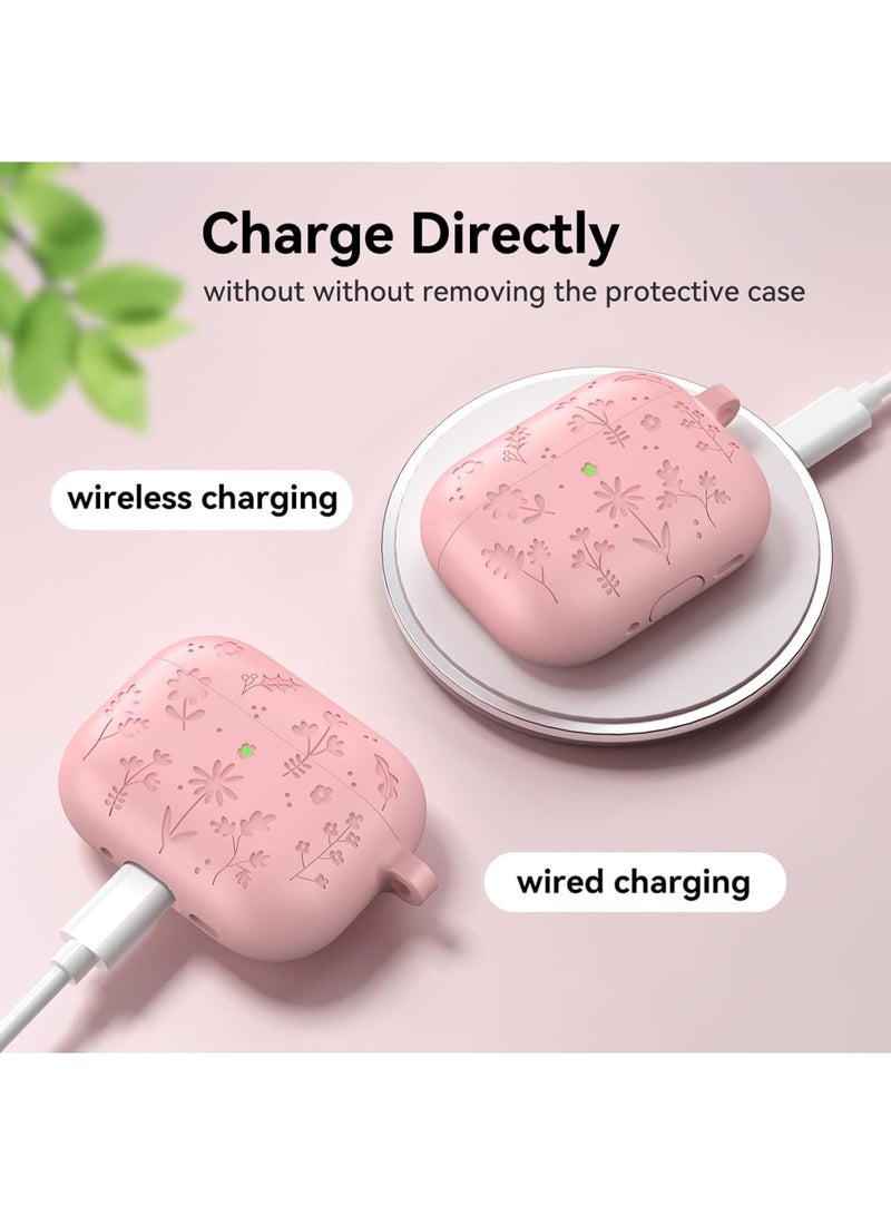 SYOSI AirPods Pro 3 Case, Cute Silicone Protective Cover with Flower Engraved Design, Shockproof Case with Cleaner Kit and Carabiner, Accessories for Women Girls AirPods Pro 3rd Generation 2025, Pink - Image 5