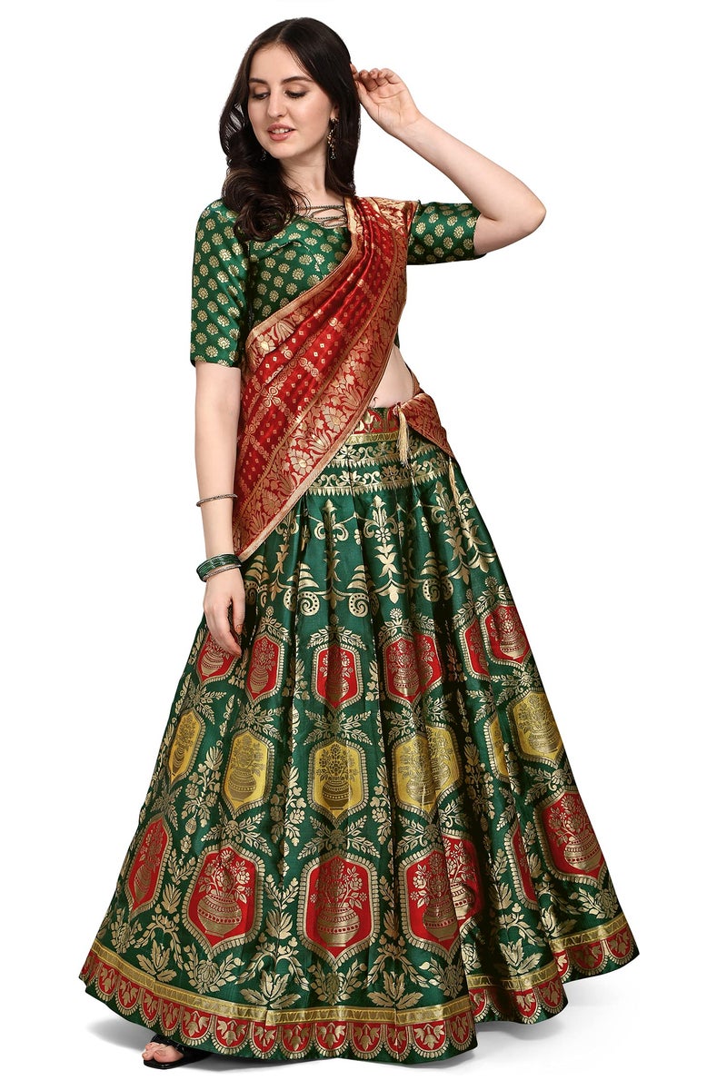 PURVAJA Women's Jacquard Semi-Stitched Lehenga choli (Kalash-D-Green_Green_Free Size) - Image 1