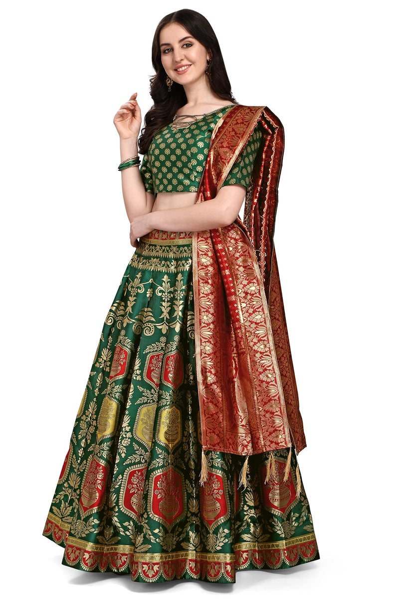 PURVAJA Women's Jacquard Semi-Stitched Lehenga choli (Kalash-D-Green_Green_Free Size) - Image 4