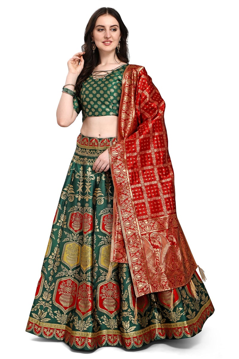 PURVAJA Women's Jacquard Semi-Stitched Lehenga choli (Kalash-D-Green_Green_Free Size) - Image 3