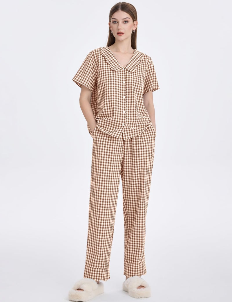 Flygo Womens Gingham Pajamas Set Cotton 2 Piece Pj Set Scalloped Collar Babydoll Shirt Pants Plaid Y2K Lounge Sets(Brown-L) - Image 2