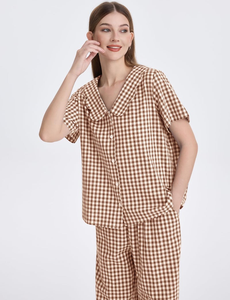Flygo Womens Gingham Pajamas Set Cotton 2 Piece Pj Set Scalloped Collar Babydoll Shirt Pants Plaid Y2K Lounge Sets(Brown-L) - Image 4
