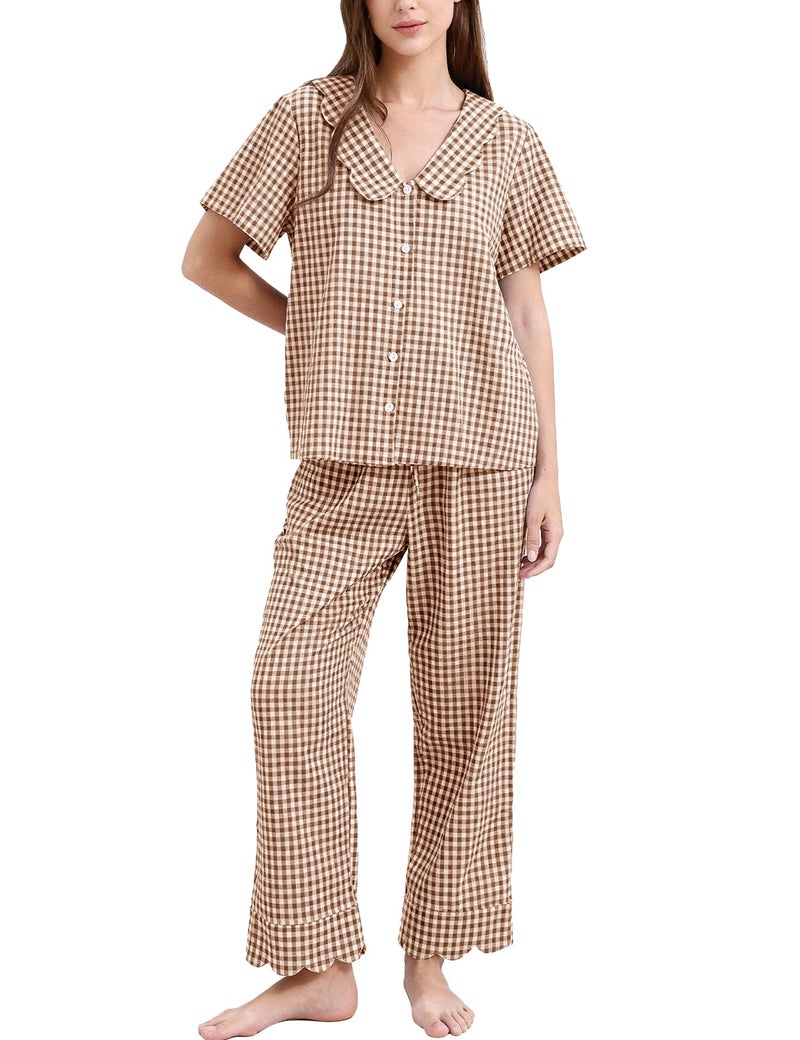 Flygo Womens Gingham Pajamas Set Cotton 2 Piece Pj Set Scalloped Collar Babydoll Shirt Pants Plaid Y2K Lounge Sets(Brown-L) - Image 1