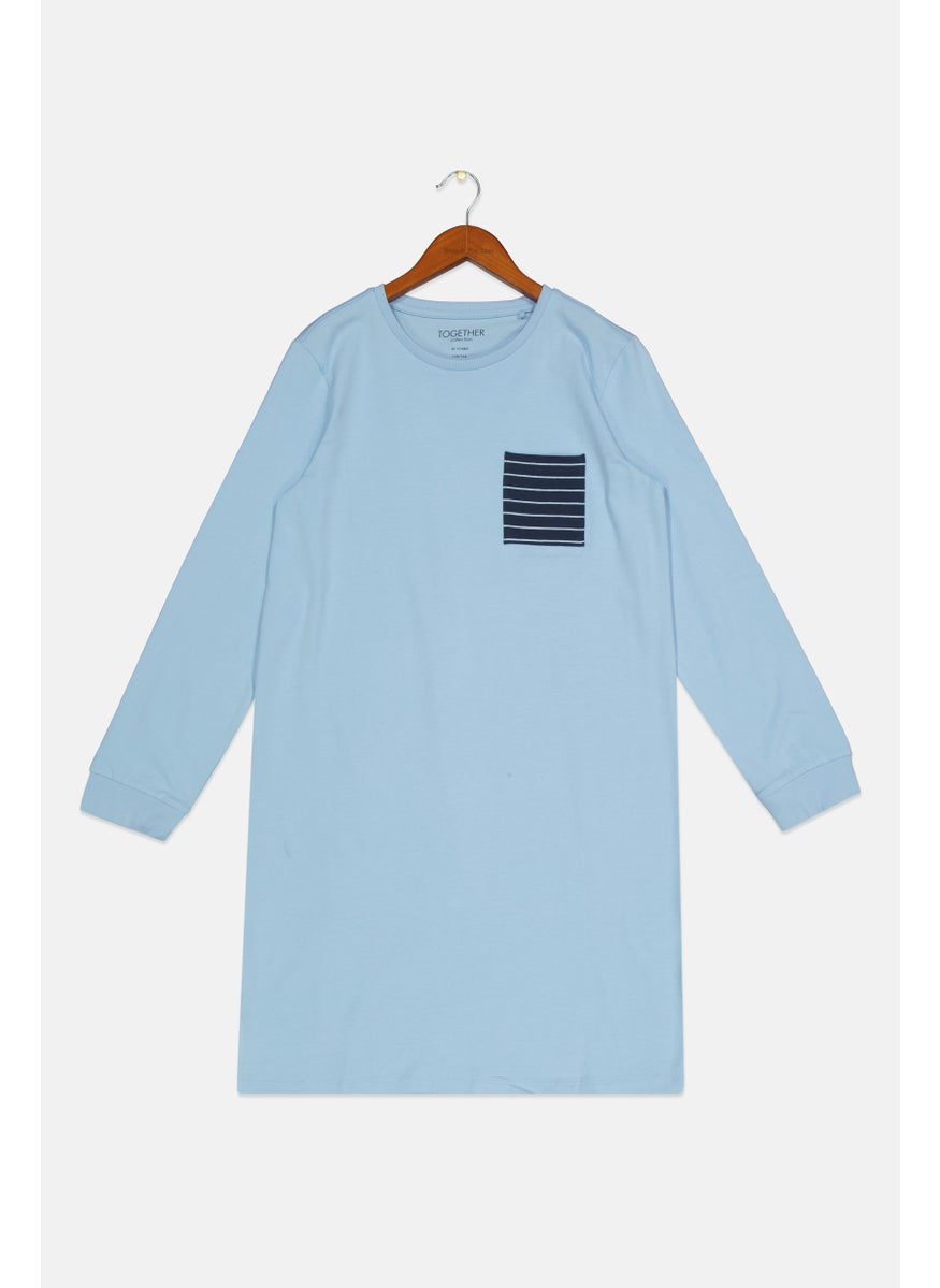 Tchibo Kids Girl Chest Pocket Long Sleeve Sleepwear Dress, Light Blue  - Image 1