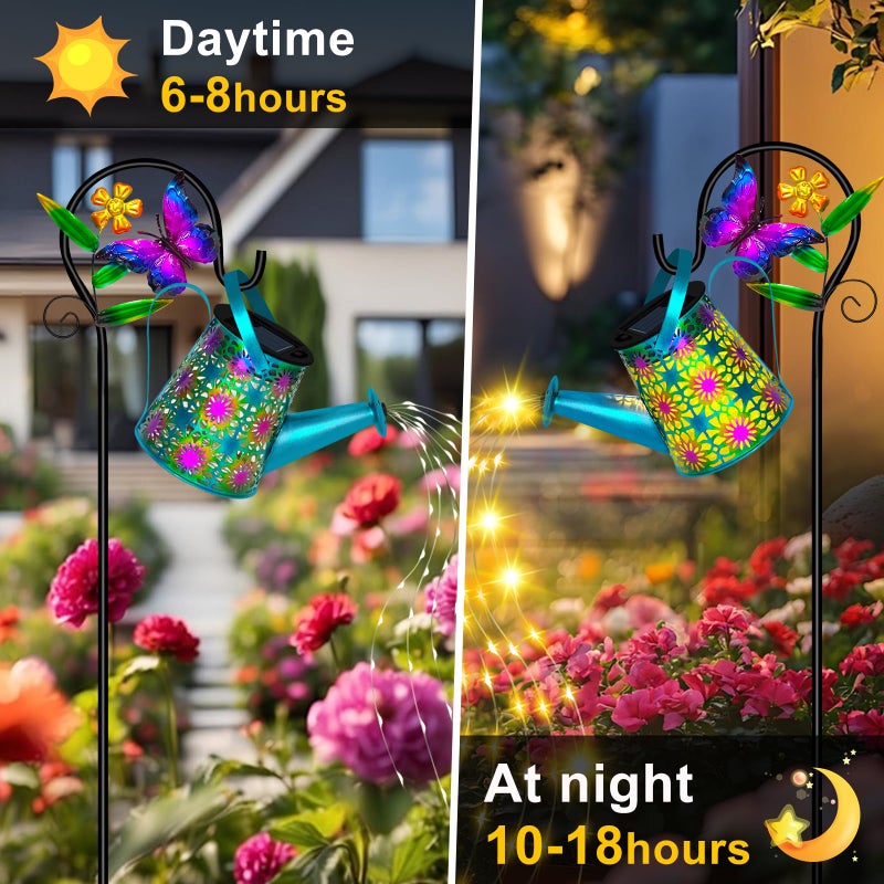 ostritec Solar Watering Can with Lights, Waterproof Solar Lantern with Butterfly Shepherd Hook, Hanging Garden Lights for Patio Yard Lawn Porch Outdoor Decoration, Unique Garden Gifts for Women Mom Birthday - Image 2