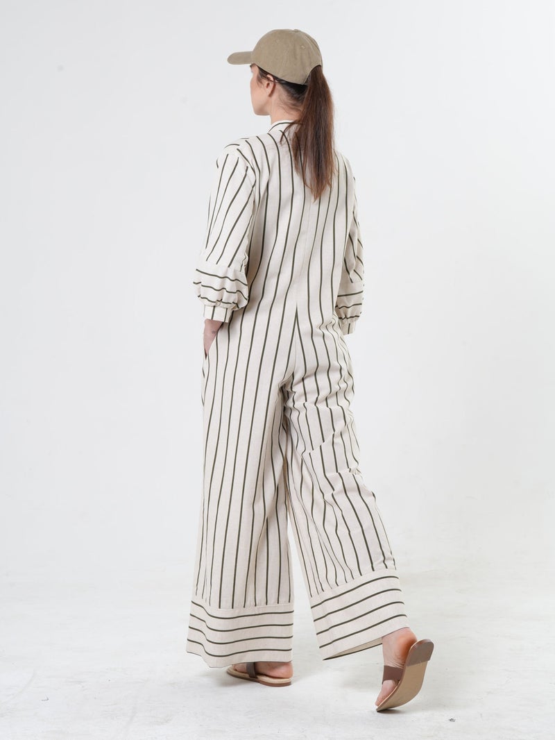 Metamorphoza Maxi Linen Jumpsuit on Khaki Stripes - Image 4