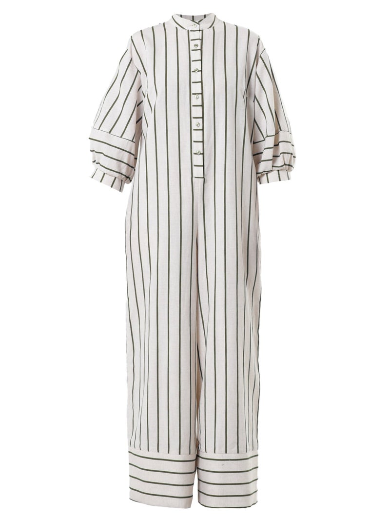 Metamorphoza Maxi Linen Jumpsuit on Khaki Stripes - Image 3