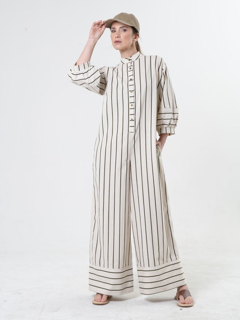 Metamorphoza Maxi Linen Jumpsuit on Khaki Stripes - Image 1