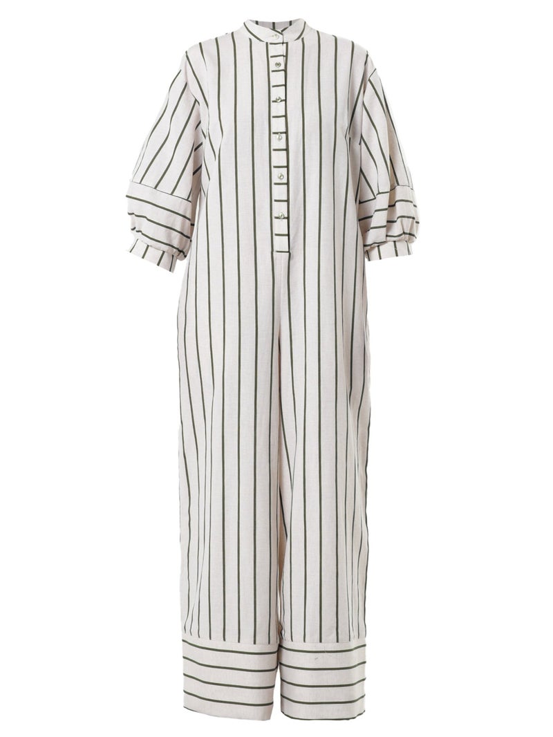 Metamorphoza Maxi Linen Jumpsuit on Khaki Stripes - Image 2