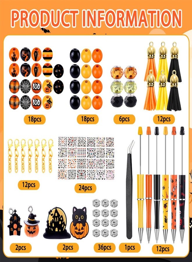 Vellibring 12 Set Halloween Beadable Pens Pumpkin Bead Pens Fall Bulk Ballpoint DIY Crafting Pens Making Kit with Sticker Pendants Lobster Clasps for Students Teens School Office Supplies - Image 2
